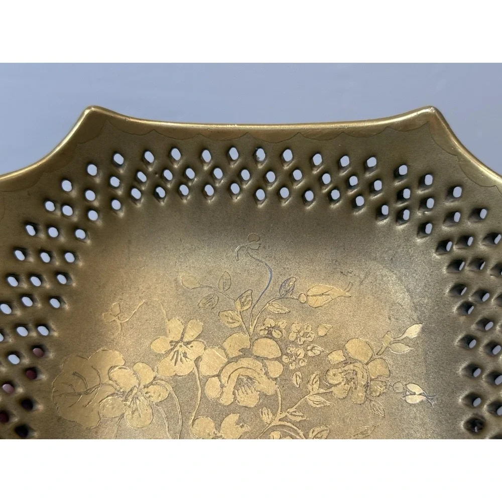 Vintage Bright Gold Color Bowl Trinket‎ Dish 1952 Floral Design Decor